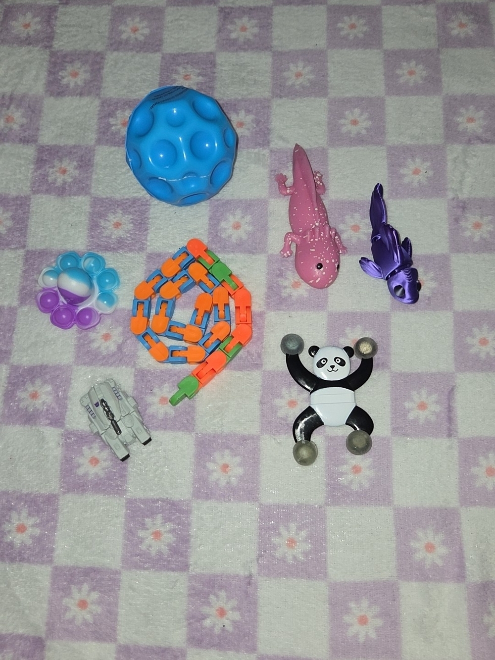 Kids Toy Bundle - Blue Sensory Ball, Pink & Purple Figures, Panda Magnet